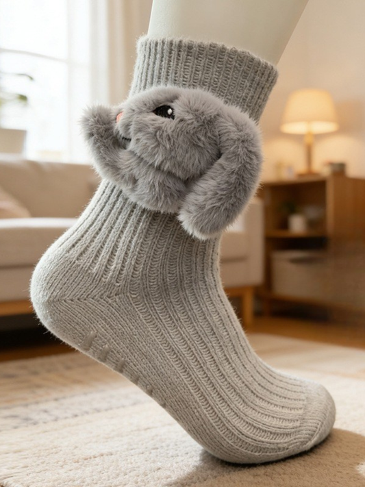 3D Fluffy Bunny Plush Grip Socks Grey