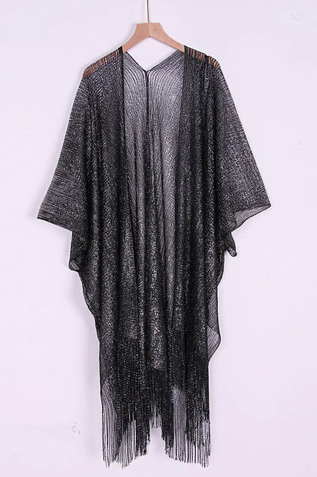 Metallic knit kimono cover up with fringe detail - View 11 | TEVQA