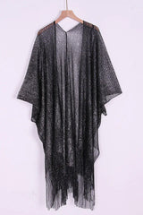 Metallic knit kimono cover up with fringe detail - View 11 | TEVQA