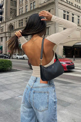 Ribbed knit long sleeve top with open back - View 16 | TEVQA