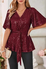 Sequin Peplum Top with Flutter Sleeves - View 13 | TEVQA