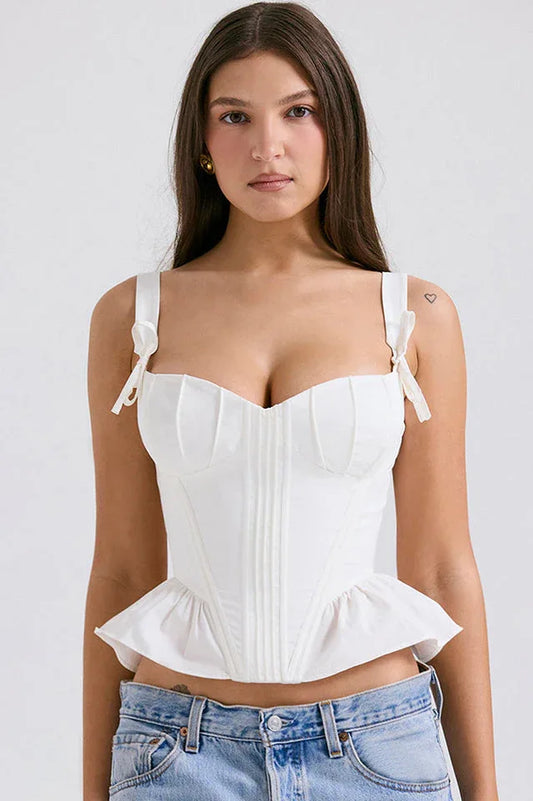 Gigou White Ruffled Cotton Corset Bra | Milkmaid Bow Crop Top & Bustier - TEVQA
