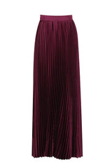 Close-up of a burgundy pleated maxi skirt.
