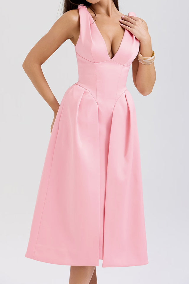 Deep V Neck Cinch Waist Satin Midi Dress | Dress In Beauty