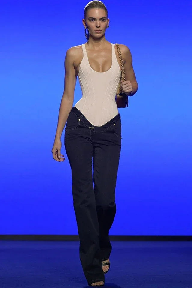 Beige Sculpting Corset Waist Tank Top - TEVQA