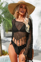 Women’s Boho Fringe Crochet Knit Beach Cover Up - TEVQA