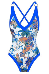 One Piece Swimsuit with V-Neck and Floral Print - View 16 | TEVQA