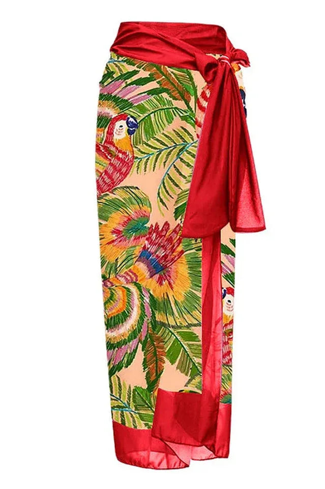 One shoulder swimsuit with tropical print and floral applique, paired with a matching skirt. - View 19 | TEVQA