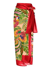One shoulder swimsuit with tropical print and floral applique, paired with a matching skirt. - View 19 | TEVQA