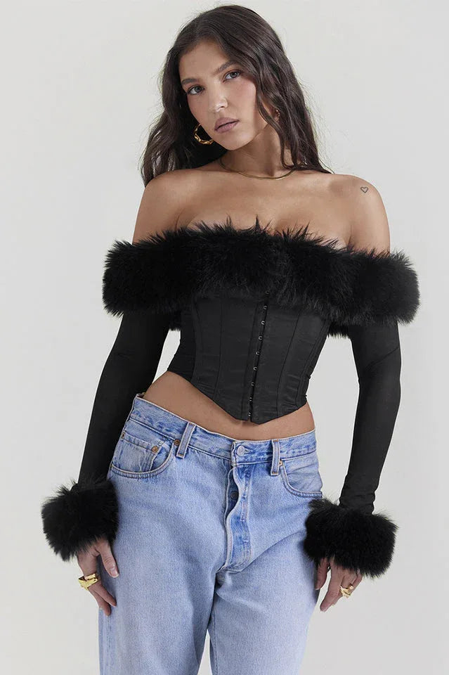 Ravenna Faux Fur Trim Corset Top | Black Off-Shoulder Mesh Long Sleeve Bustier - TEVQA