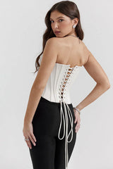 Genevieve Red Satin Lace-Up Corset Top - View 8 | TEVQA