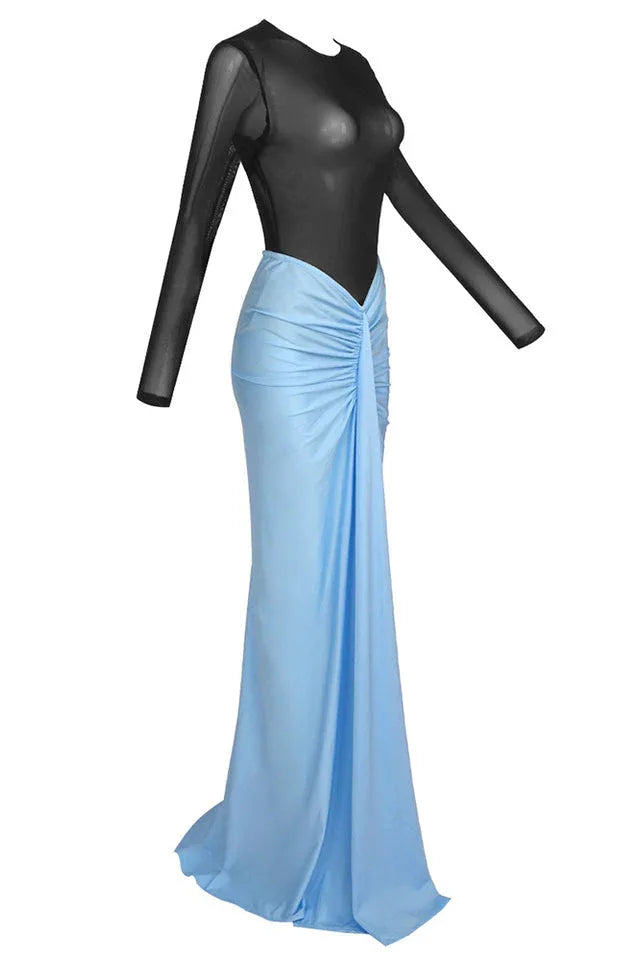 Satin Maxi Dress with High Neckline - View 16 | TEVQA