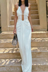 Halter Neck Pleated Hollow White Dress | Dress In Beauty