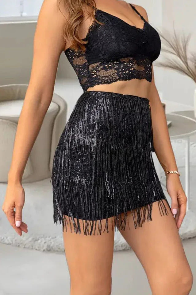 Sequin fringe skirt with lace crop top - View 7 | TEVQA