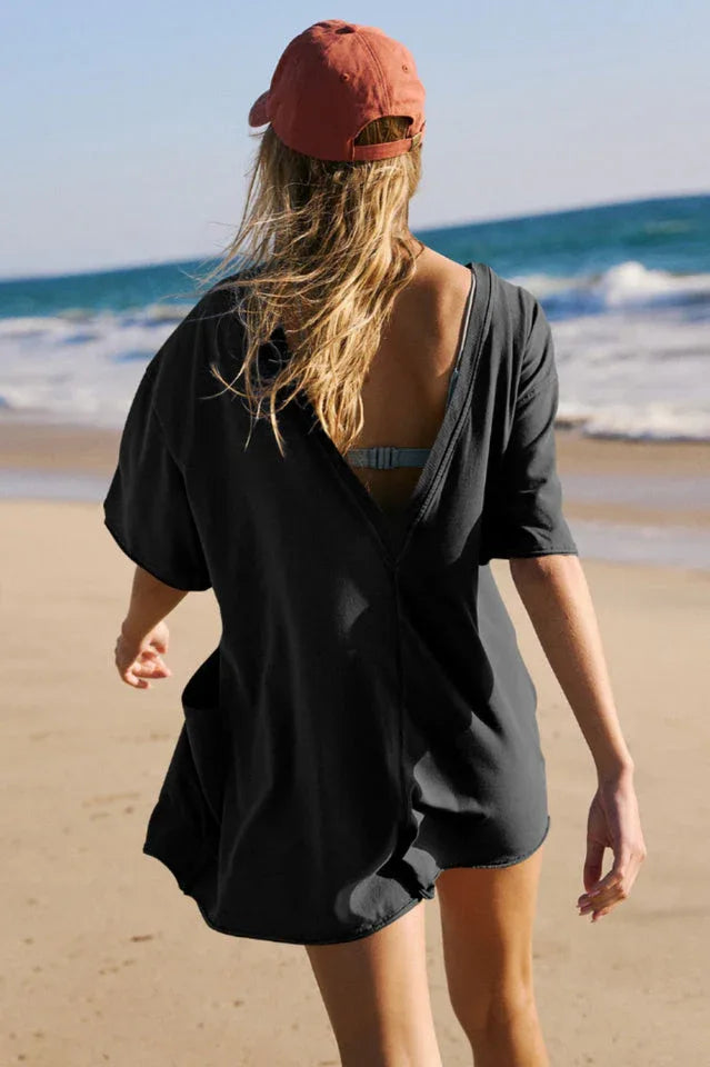 Oversized Crew Neck Romper with Open Back - View 20 | TEVQA