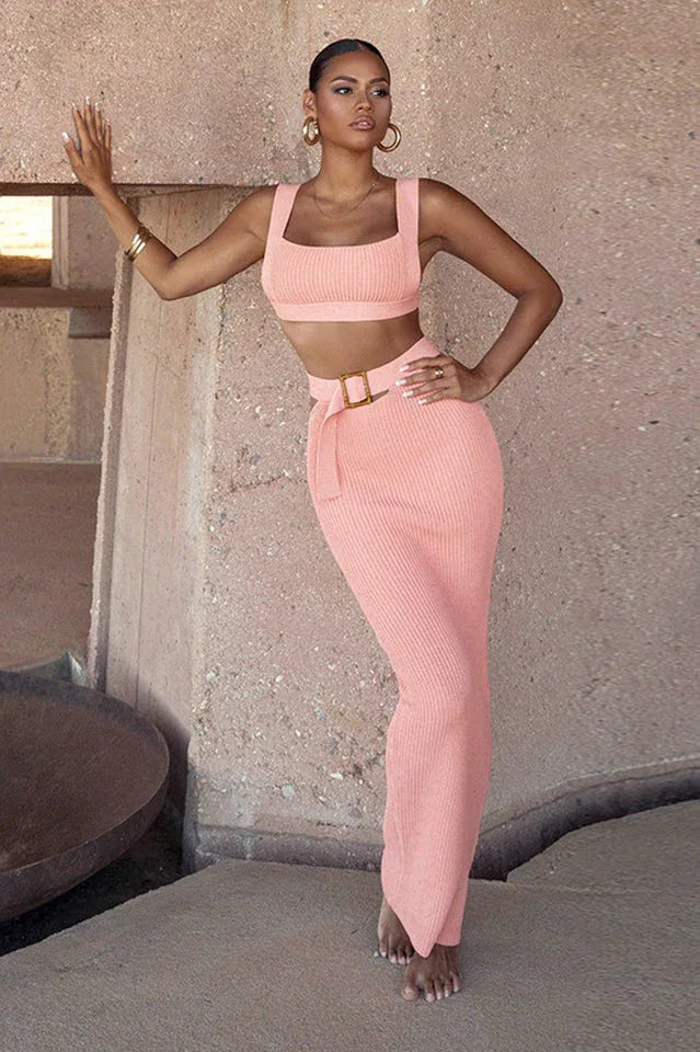 Ribbed knit cut-out belted dress set - View 8 | TEVQA
