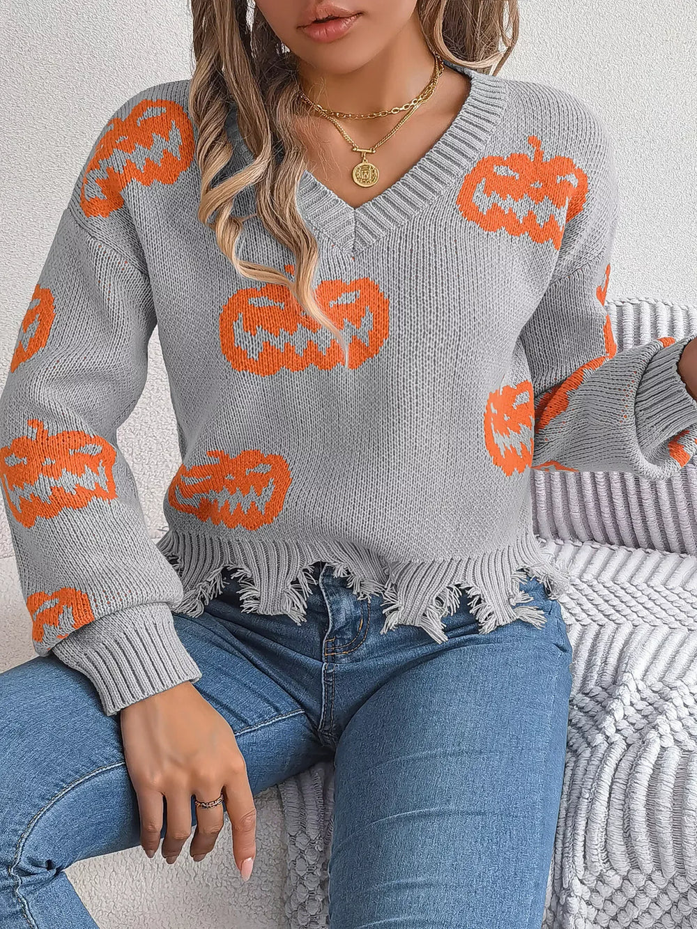 Distressed Pumpkin Knit Sweater - View 9 | TEVQA