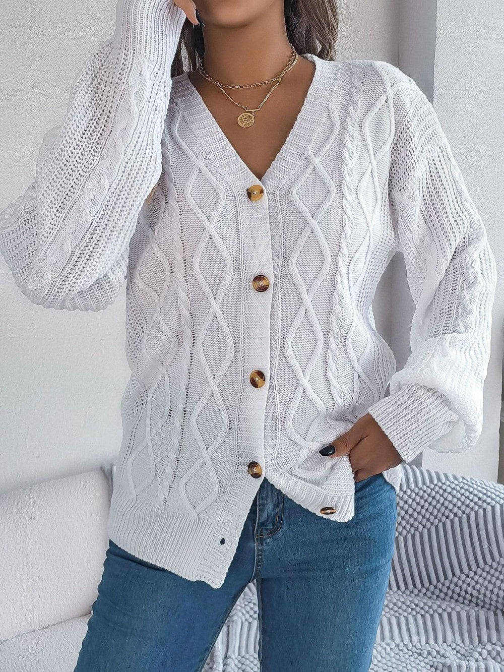 Pink cable knit button down cardigan - View 14 | TEVQA