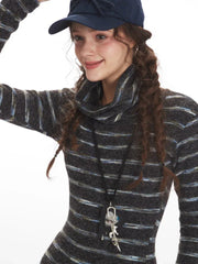 Y2K Grunge Striped Mock Neck Top - TEVQA