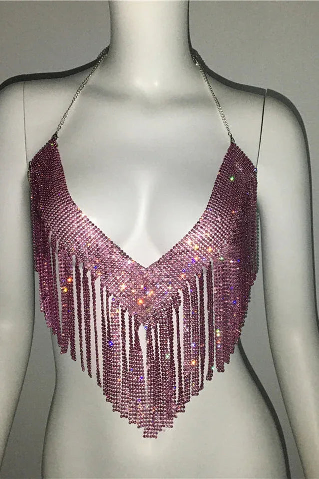 Sparkling Crystal Chainmail Crop Top - Backless Rhinestone Metal Mesh Cami - TEVQA