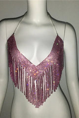 Sparkling Crystal Chainmail Crop Top - Backless Rhinestone Metal Mesh Cami - TEVQA