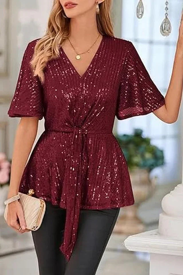 Sequin Peplum Top with Flutter Sleeves - View 14 | TEVQA