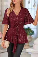 Sequin Peplum Top with Flutter Sleeves - View 14 | TEVQA