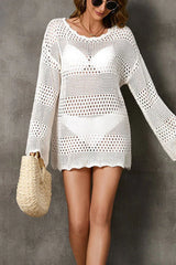 White Open-Knit Hollow Out Long Sleeve Beach Cover-Up - TEVQA