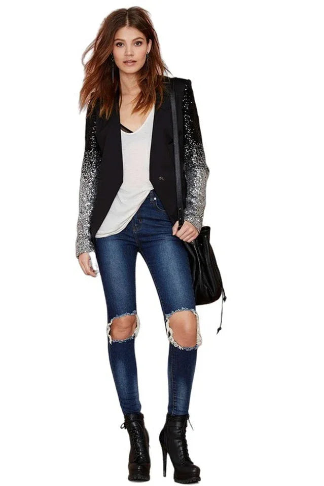Black Blazer with Silver Sequin Sleeves | Ombré Sparkle Single-Button Jacket - TEVQA