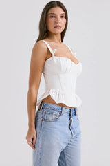 Gigou White Ruffled Cotton Corset Bra | Milkmaid Bow Crop Top & Bustier - TEVQA
