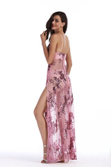 Sequined Sling Backless Split Dress - TEVQA