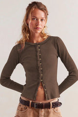 Vintage Rouge Ribbed Button-Front Long Sleeve Top - TEVQA