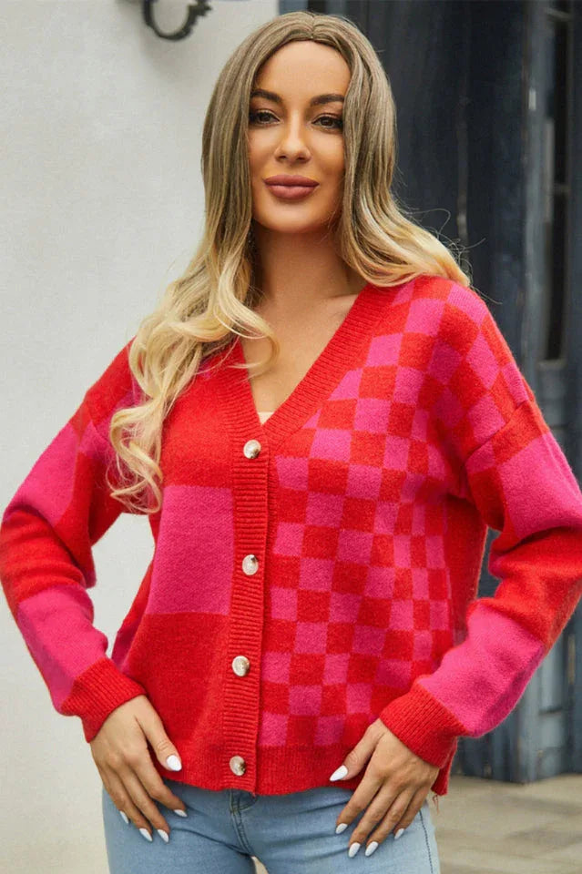 Checkerboard V-Neck Cardigan - View 7 | TEVQA