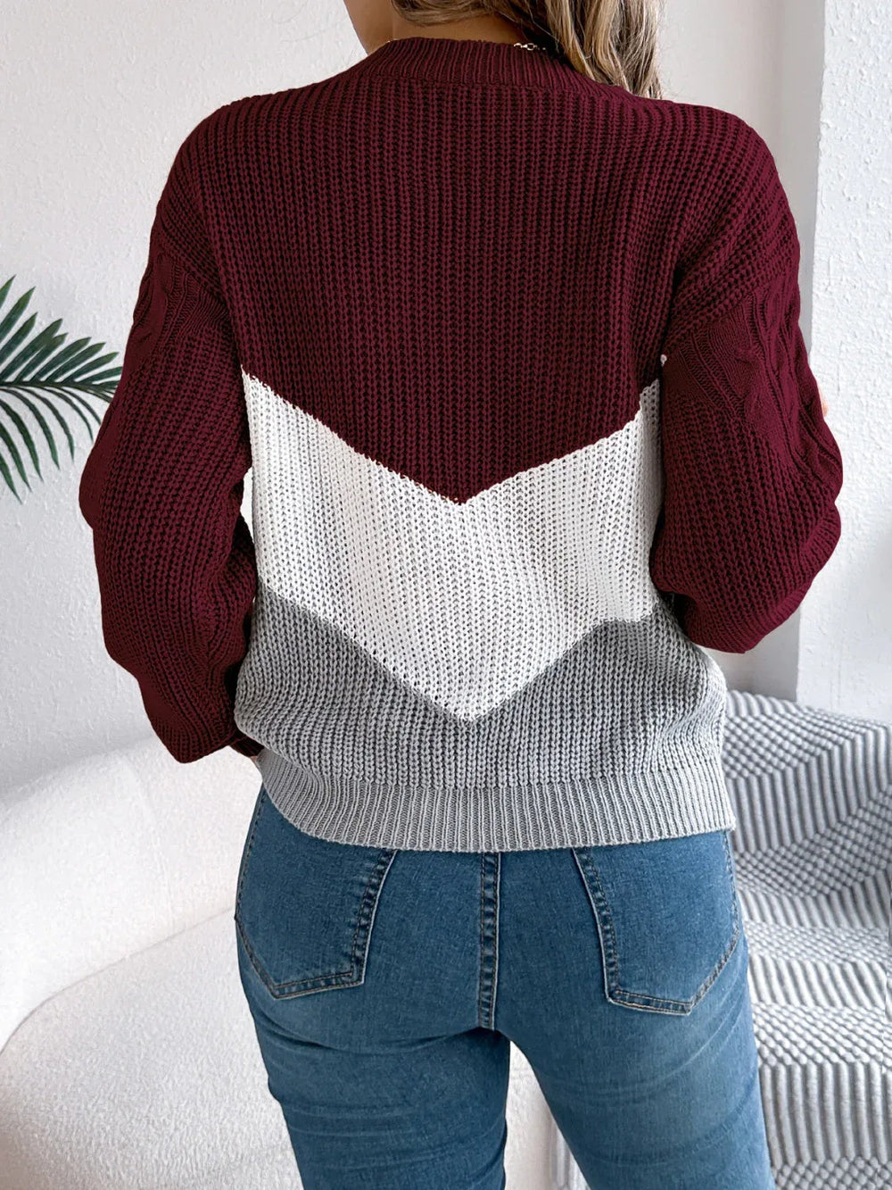 Color Block Cable Knit Sweater - View 16 | TEVQA