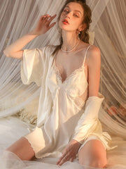 Embroidered Sheer Lace Satin Slip Dress