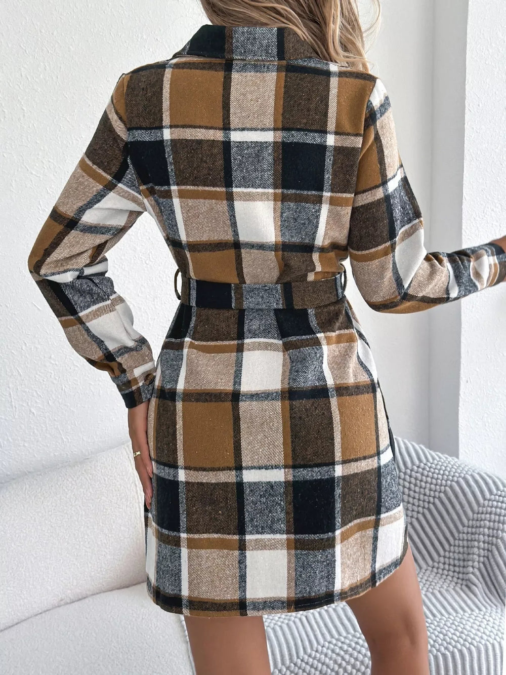 Green Plaid Belted Shirt Dress - View 9 | TEVQA