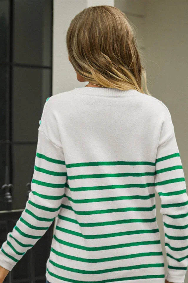 Striped Knit Sweater with Shoulder Buttons - View 7 | TEVQA