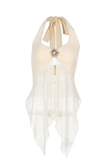 Musera Rhinestone Sunburst Halter Top in Ivory - View 10 | TEVQA