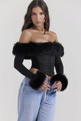 Ravenna Faux Fur Trim Corset Top | Black Off-Shoulder Mesh Long Sleeve Bustier - TEVQA