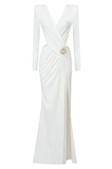 Long sleeve ruched dress with V-neckline and brooch - View 8 | TEVQA