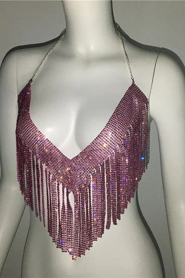 Sparkling Crystal Chainmail Crop Top - Backless Rhinestone Metal Mesh Cami - TEVQA
