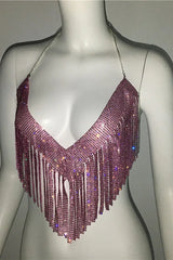 Sparkling Crystal Chainmail Crop Top - Backless Rhinestone Metal Mesh Cami - TEVQA