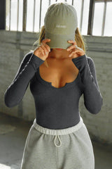 White Notched Neck Ribbed Long Sleeve Top - TEVQA