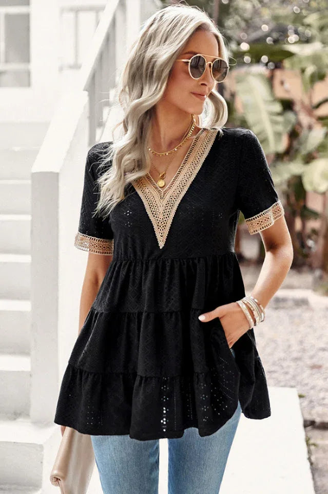 White Eyelet Embroidery V-Neck Blouse - TEVQA