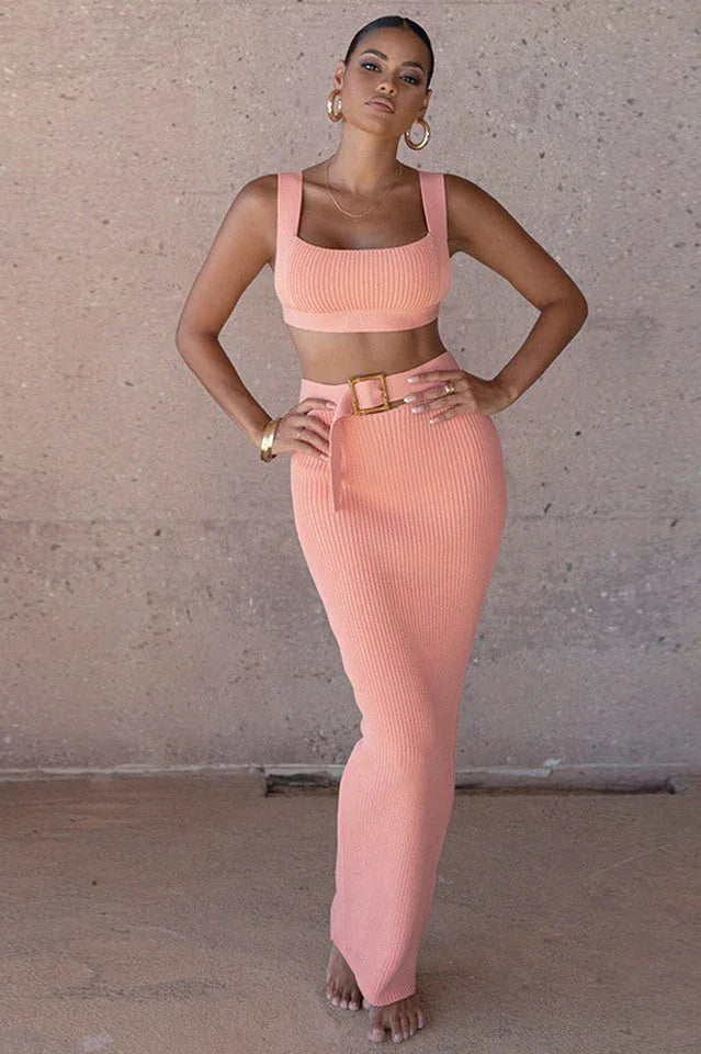 Ribbed knit cut-out belted dress set - View 6 | TEVQA