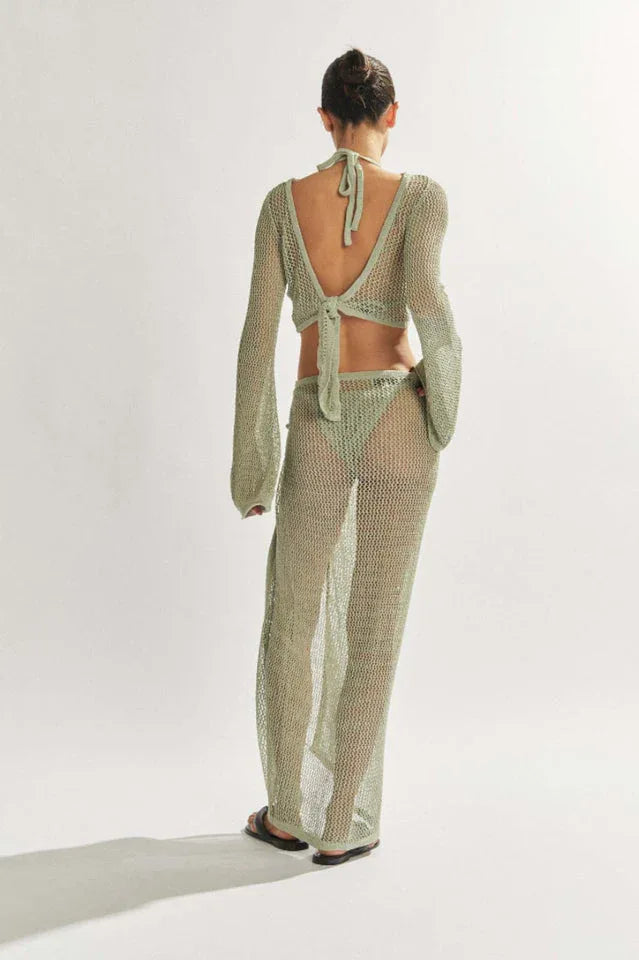 Crochet knit set with maxi skirt and cropped top - View 13 | TEVQA
