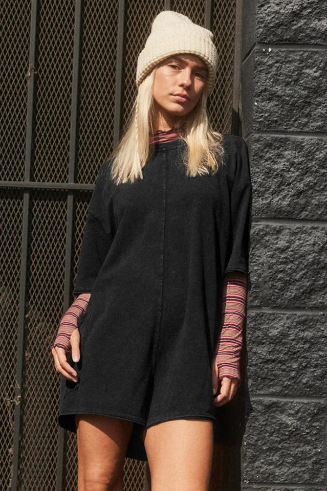Oversized Crew Neck Romper with Open Back - View 18 | TEVQA