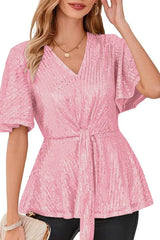 Sequin Peplum Top with Flutter Sleeves - View 15 | TEVQA