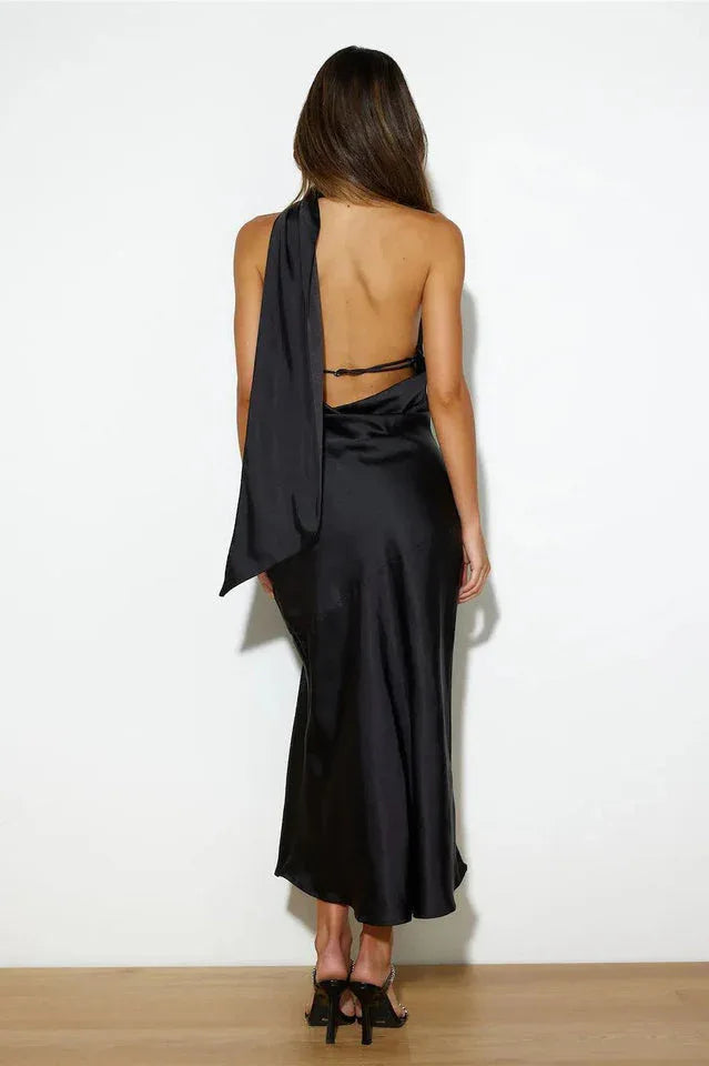 Elegant halter neck satin maxi dress - View 10 | TEVQA