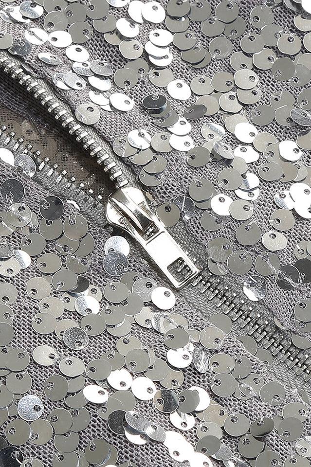 Silver sequin maxi dress with mock neck and fringe detail - View 10 | TEVQA